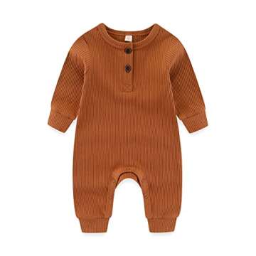 IADOER Newborn Baby Boys Girls One Piece Romper With Mitten Cuffs 3 Pack Long Sleeve Ribbed Button Jumpsuit Outfit Clothes gray+tan+yellow 6 months