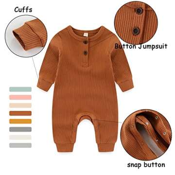 IADOER Newborn Baby Boys Girls One Piece Romper With Mitten Cuffs 3 Pack Long Sleeve Ribbed Button Jumpsuit Outfit Clothes gray+tan+yellow 6 months