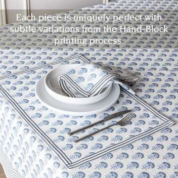 over&back Set of 4 Hand-Blocked Placemats - Colorful Dining Table Mat - Each Placemat is Unique - 100% Cotton - Machine Washable - Kitchen and Home Decor - Blue Flower