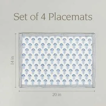 over&back Set of 4 Hand-Blocked Placemats - Colorful Dining Table Mat - Each Placemat is Unique - 100% Cotton - Machine Washable - Kitchen and Home Decor - Blue Flower