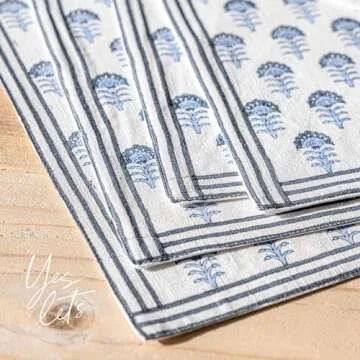 over&back Set of 4 Hand-Blocked Placemats - Colorful Dining Table Mat - Each Placemat is Unique - 100% Cotton - Machine Washable - Kitchen and Home Decor - Blue Flower