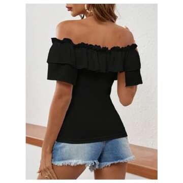 MakeMeChic Women's Short Sleeve Off Shoulder Tie Front Ruffle Layer Tee Shirts Tops