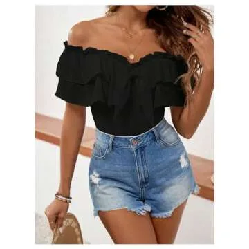 MakeMeChic Women's Short Sleeve Off Shoulder Tie Front Ruffle Layer Tee Shirts Tops