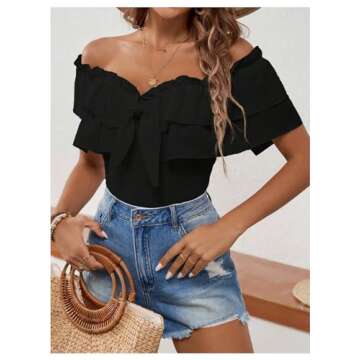 MakeMeChic Women's Short Sleeve Off Shoulder Tie Front Ruffle Layer Tee Shirts Tops