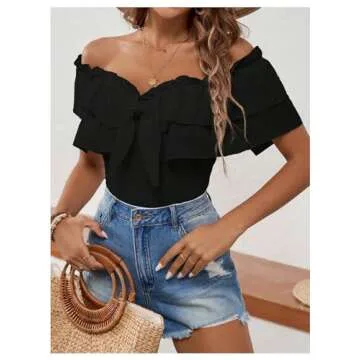 MakeMeChic Women's Short Sleeve Off Shoulder Tie Front Ruffle Layer Tee Shirts Tops