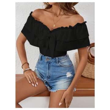 MakeMeChic Women's Short Sleeve Off Shoulder Tie Front Ruffle Layer Tee Shirts Tops