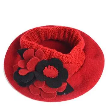 VECRY Lady French Beret 100% Wool Beret Floral Dress Beanie Winter Hat (Floral-Red)