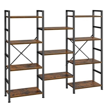 SUPERJARE Triple 4 Tier Bookshelf Rustic Brown 11 Shelves