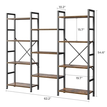 SUPERJARE Triple 4 Tier Bookshelf Rustic Brown 11 Shelves