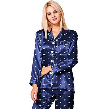 SWOMOG Womens Silk Satin Pajamas Set Button Down Sleepwear Loungewear