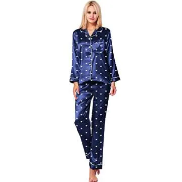SWOMOG Womens Silk Satin Pajamas Set Button Down Sleepwear Loungewear