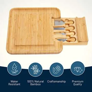 RoyalHouse Bamboo Cheese Board with Slide-Out Cutlery Drawer - Charcuterie and Cheese Platter, Ideal...