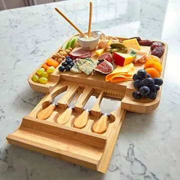 RoyalHouse Bamboo Cheese Board with Slide-Out Cutlery Drawer - Charcuterie and Cheese Platter, Ideal Wedding and Housewarming Gift