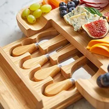 RoyalHouse Bamboo Cheese Board with Slide-Out Cutlery Drawer - Charcuterie and Cheese Platter, Ideal Wedding and Housewarming Gift