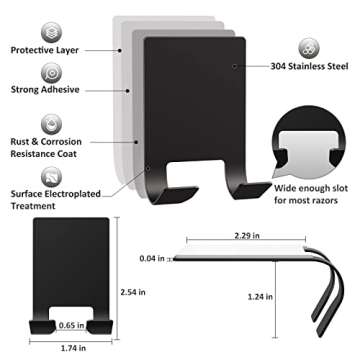 VIS'V Adhesive Razor Holder, Black Self Adhesive Razor Hooks Shower Wall Waterproof Bathroom Razor Hanger Stainless Steel Heavy Duty Wall Mount Blade Shaver Holder for Men and Women 2 Pcs