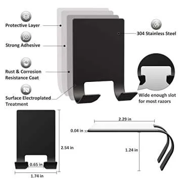 VIS'V Adhesive Razor Holder, Black Self Adhesive Razor Hooks Shower Wall Waterproof Bathroom Razor Hanger Stainless Steel Heavy Duty Wall Mount Blade Shaver Holder for Men and Women 2 Pcs