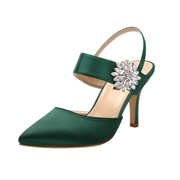 ERIJUNOR E0064 Mid Heel Shoes for Women Pointed Toe Slingback Rhinestone Brooch Satin Dress Pumps Evening Prom Wedding Shoes Green Size 7