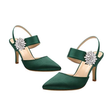 ERIJUNOR E0064 Mid Heel Shoes for Women Pointed Toe Slingback Rhinestone Brooch Satin Dress Pumps Evening Prom Wedding Shoes Green Size 7