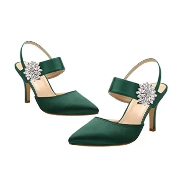 ERIJUNOR E0064 Mid Heel Shoes for Women Pointed Toe Slingback Rhinestone Brooch Satin Dress Pumps Evening Prom Wedding Shoes Green Size 7