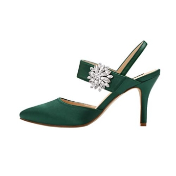 ERIJUNOR E0064 Mid Heel Shoes for Women Pointed Toe Slingback Rhinestone Brooch Satin Dress Pumps Evening Prom Wedding Shoes Green Size 7