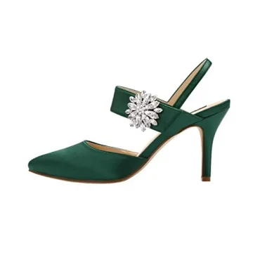 ERIJUNOR E0064 Mid Heel Shoes for Women Pointed Toe Slingback Rhinestone Brooch Satin Dress Pumps Evening Prom Wedding Shoes Green Size 7
