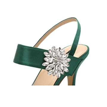 ERIJUNOR E0064 Mid Heel Shoes for Women Pointed Toe Slingback Rhinestone Brooch Satin Dress Pumps Evening Prom Wedding Shoes Green Size 7