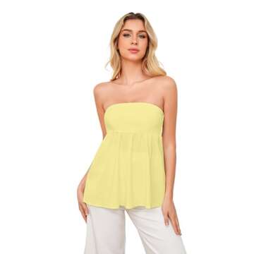 OLAPTA Women Strapless Bandeau Tube Top Ruffle Hem Off Shoulder Sleeveless Pleated Peplum Blouse Flo...