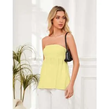 OLAPTA Women Strapless Bandeau Tube Top Ruffle Hem Off Shoulder Sleeveless Pleated Peplum Blouse Flowy Casual Going Out Tanks (Small,Yellow)
