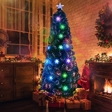 6FT Pre-Lit Fiber Optic Artificial Christmas Tree, with Multicolor Led Lights, Snowflakes and Top St...
