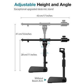 InnoGear Desktop Microphone Stand, Adjustable Mic Stand with Boom Arm, 0.8 lb Counter Weight, Mic Clip and 3/8" to 5/8" Screw Adapter for Kick Drums, Guitar Amps, Blue Yeti and Blue Snowball