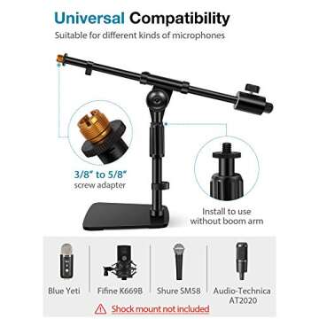 InnoGear Desktop Microphone Stand, Adjustable Mic Stand with Boom Arm, 0.8 lb Counter Weight, Mic Clip and 3/8" to 5/8" Screw Adapter for Kick Drums, Guitar Amps, Blue Yeti and Blue Snowball