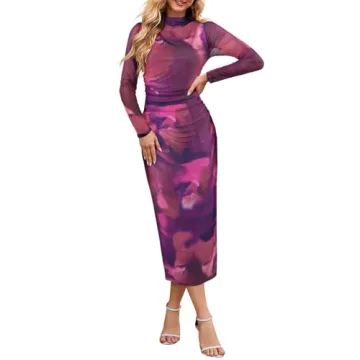 MEROKEETY Women's 2024 Long Sleeve Tie Dye Dress Bodycon Mock Neck Mesh Ruched Cocktail Maxi Dresses...