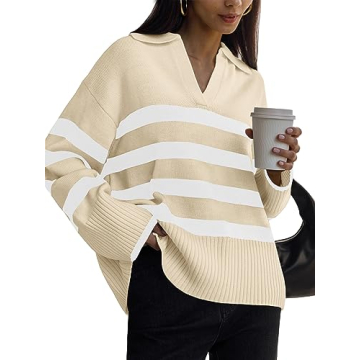 LILLUSORY Womens Striped Oversized V Neck Trendy Sweaters Long Sleeve Tops Fall Fashion Clothes Outf...