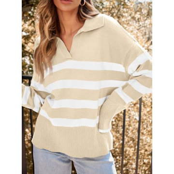 LILLUSORY Womens Striped Oversized V Neck Trendy Sweaters Long Sleeve Tops Fall Fashion Clothes Outfits 2025 Apricot Small
