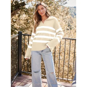 LILLUSORY Womens Striped Oversized V Neck Trendy Sweaters Long Sleeve Tops Fall Fashion Clothes Outfits 2025 Apricot Small