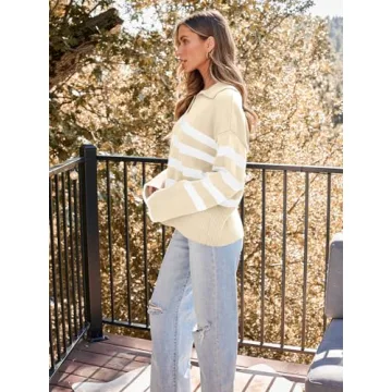 LILLUSORY Womens Striped Oversized V Neck Trendy Sweaters Long Sleeve Tops Fall Fashion Clothes Outfits 2025 Apricot Small