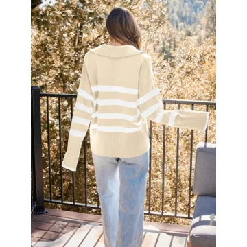 LILLUSORY Womens Striped Oversized V Neck Trendy Sweaters Long Sleeve Tops Fall Fashion Clothes Outfits 2025 Apricot Small