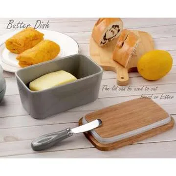 SIPARUI Butter Dish with Lid for Countertop,Large Butter Dish Ceramics Butter Keeper Container with Knife,Ceramic Butter Container With Airtight Cover,Good Kitchen Gift(Grey)