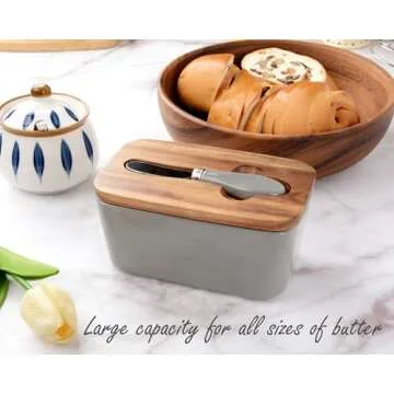 SIPARUI Butter Dish with Lid for Countertop,Large Butter Dish Ceramics Butter Keeper Container with Knife,Ceramic Butter Container With Airtight Cover,Good Kitchen Gift(Grey)