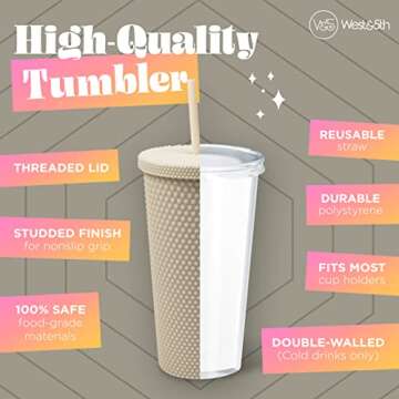 Matte Studded Tumbler with Lid & Straw, Reusable BPA Free Plastic Water Bottle, Travel Friendly Water/Iced Coffee/Cold Brew/Smoothie Textured Cold Cup, 24oz (Ivory)
