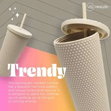 Matte Studded Tumbler with Lid & Straw, Reusable BPA Free Plastic Water Bottle, Travel Friendly Water/Iced Coffee/Cold Brew/Smoothie Textured Cold Cup, 24oz (Ivory)