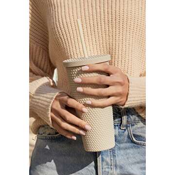 Matte Studded Tumbler with Lid & Straw, Reusable BPA Free Plastic Water Bottle, Travel Friendly Water/Iced Coffee/Cold Brew/Smoothie Textured Cold Cup, 24oz (Ivory)