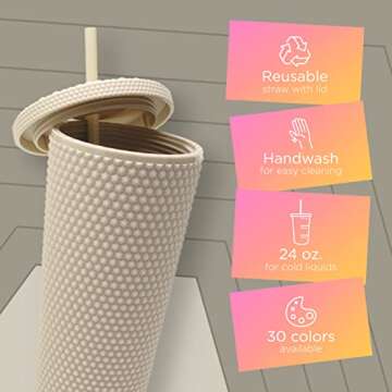 Matte Studded Tumbler with Lid & Straw, Reusable BPA Free Plastic Water Bottle, Travel Friendly Water/Iced Coffee/Cold Brew/Smoothie Textured Cold Cup, 24oz (Ivory)