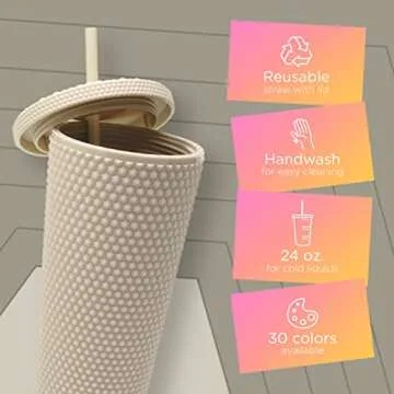 Matte Studded Tumbler with Lid & Straw, Reusable BPA Free Plastic Water Bottle, Travel Friendly Water/Iced Coffee/Cold Brew/Smoothie Textured Cold Cup, 24oz (Ivory)