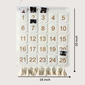 Photo Advent Calendar with Pockets, Christmas Calendar Countdown, Embroider Numbers Felt Photo Advent Calendar w/ 25 Small Pockets, Advent Calendars for Kids Chocolate & Candy (Gold)