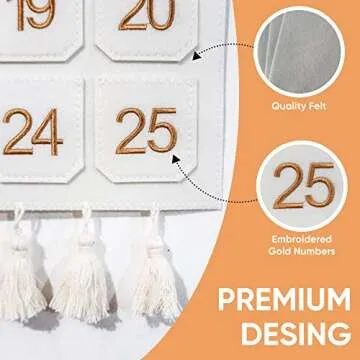 Photo Advent Calendar with Pockets, Christmas Calendar Countdown, Embroider Numbers Felt Photo Advent Calendar w/ 25 Small Pockets, Advent Calendars for Kids Chocolate & Candy (Gold)