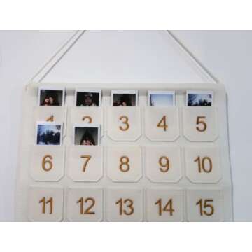 Photo Advent Calendar with Pockets, Christmas Calendar Countdown, Embroider Numbers Felt Photo Advent Calendar w/ 25 Small Pockets, Advent Calendars for Kids Chocolate & Candy (Gold)