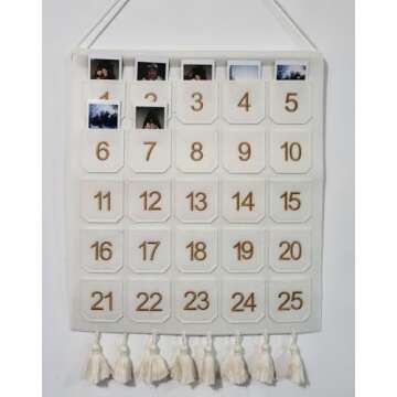 Photo Advent Calendar with Pockets, Christmas Calendar Countdown, Embroider Numbers Felt Photo Advent Calendar w/ 25 Small Pockets, Advent Calendars for Kids Chocolate & Candy (Gold)