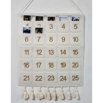 Photo Advent Calendar with Pockets, Christmas Calendar Countdown, Embroider Numbers Felt Photo Advent Calendar w/ 25 Small Pockets, Advent Calendars for Kids Chocolate & Candy (Gold)