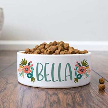 Personalized Dog Bowl w/Name, Ceramic Bowl for Dogs and Cats, 2 Sized for Small and Large Dogs - Pet Dish for Dry or Wet Food and Water, Pet Owner Gifts, Custom Pet Food Bowl | Flowers, 6 inches